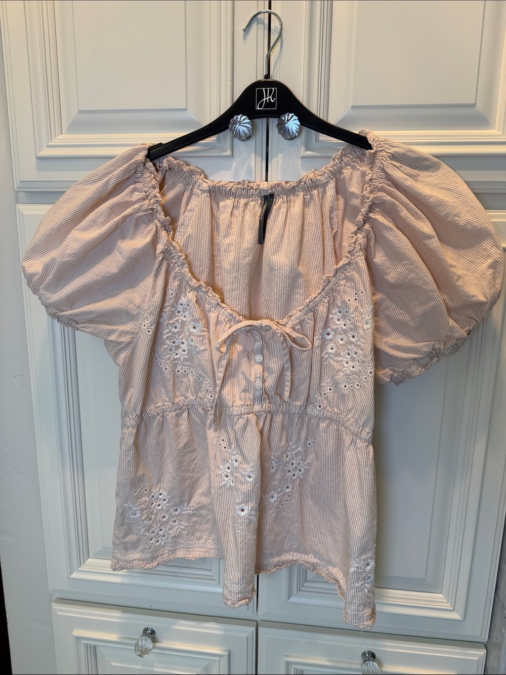 Anthropologie Women’s Puff-Sleeve Embroidered Peasant Top Empire Waist Peplum